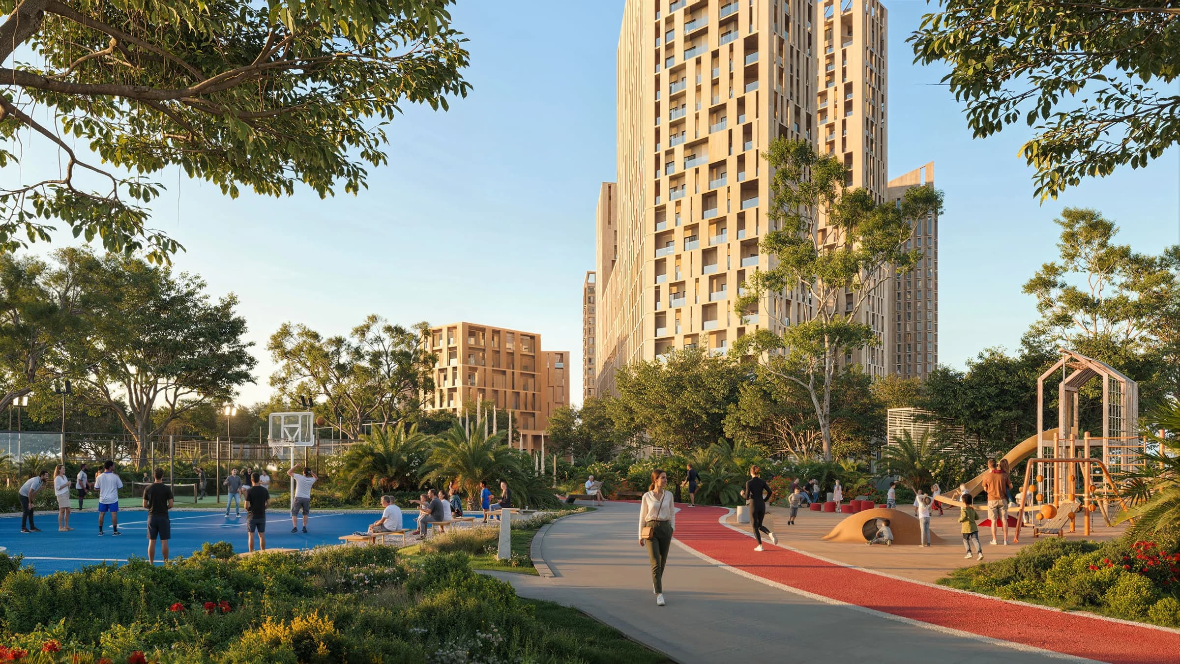 Élevée landscaped gardens and outdoor paths, architectural render supplied by ZOOD