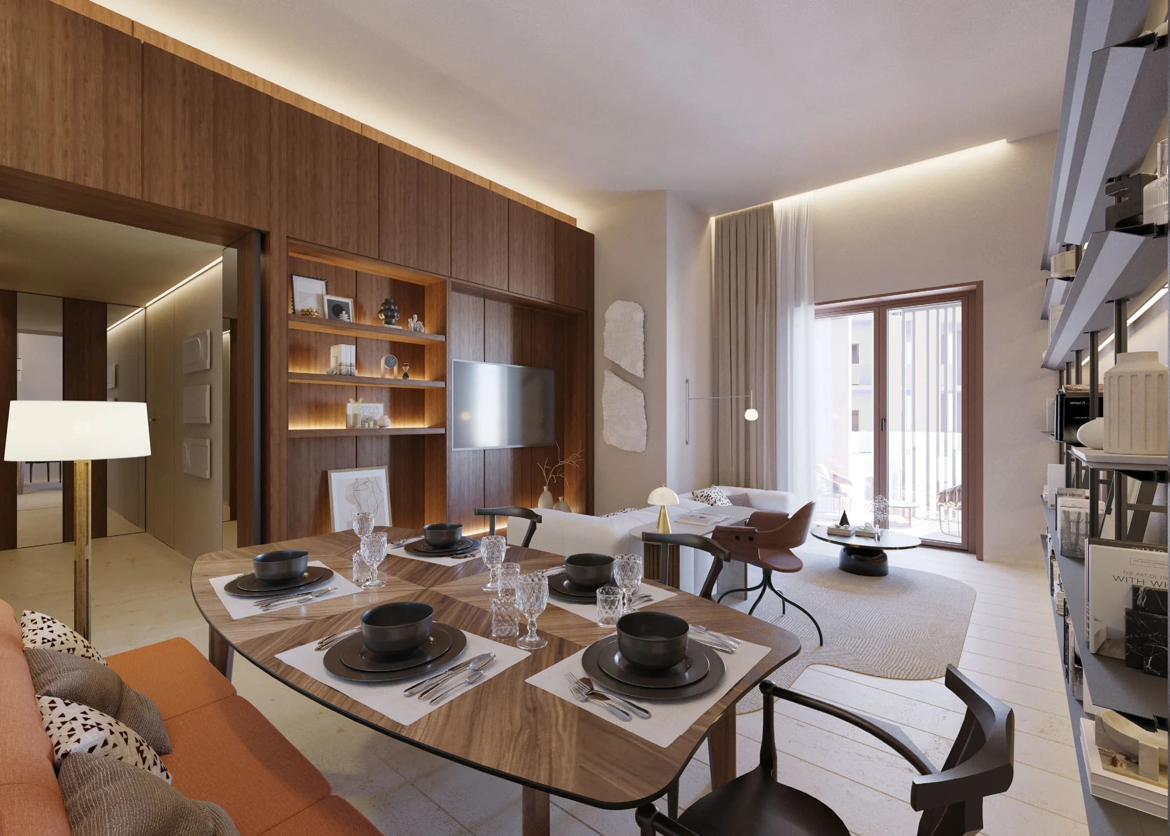 Élevée living and dining interior, architectural render supplied by ZOOD