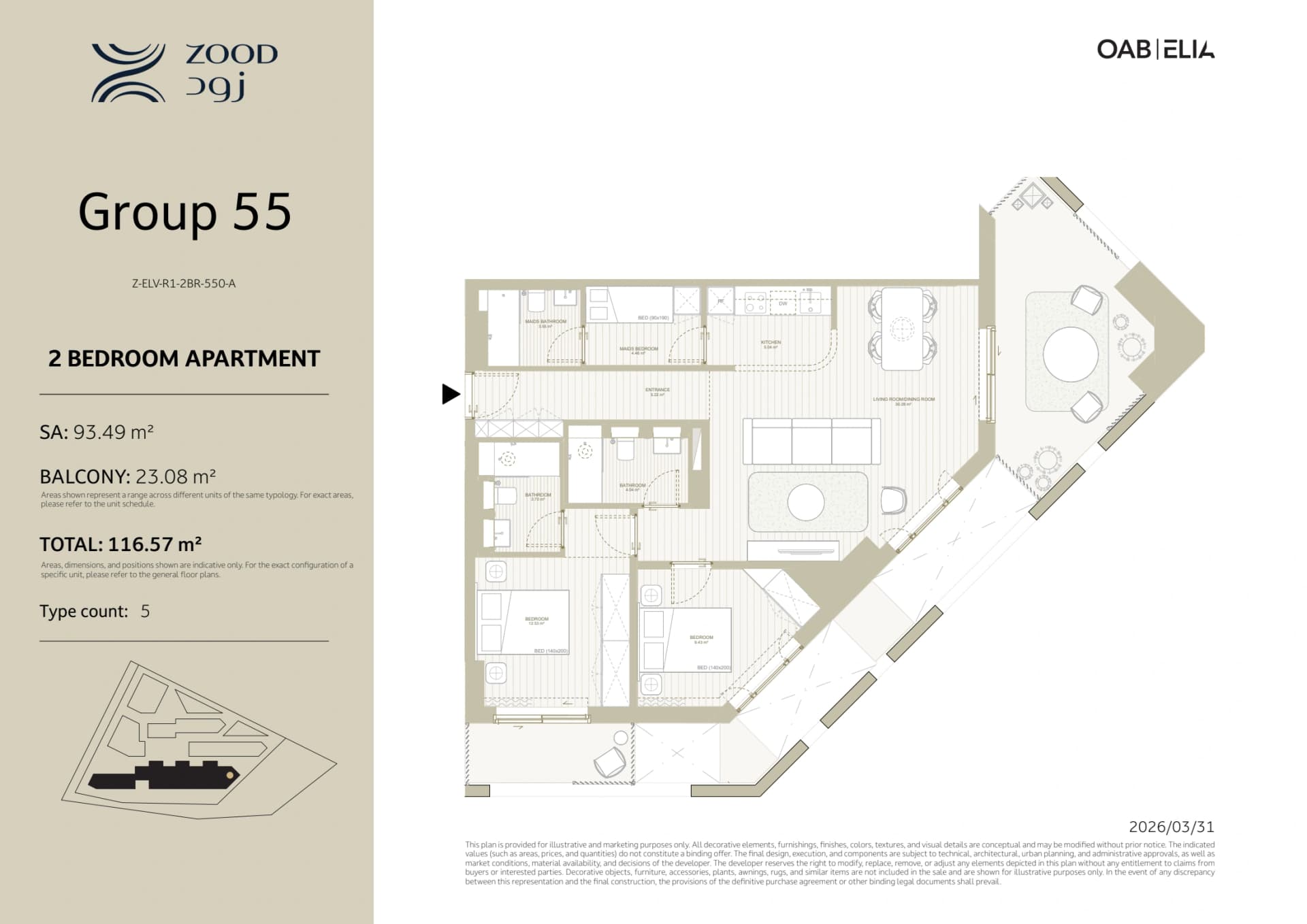 2 bedrooms · Group 55A floor plan
