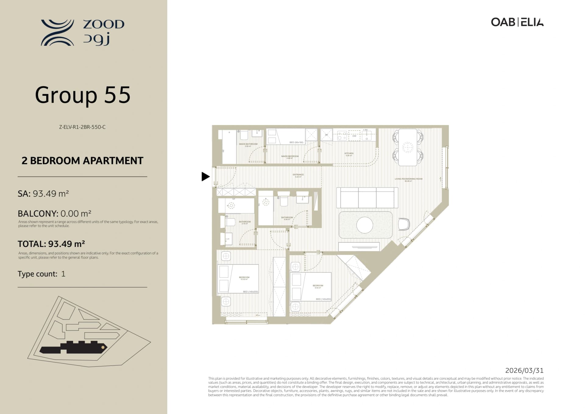 2 bedrooms · Group 55C floor plan
