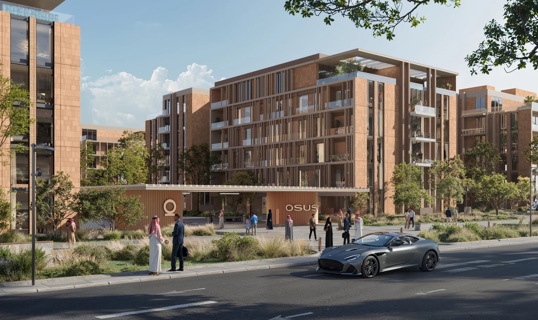 OSUS Eye street frontage and arrival, architectural render from the supplied brochure