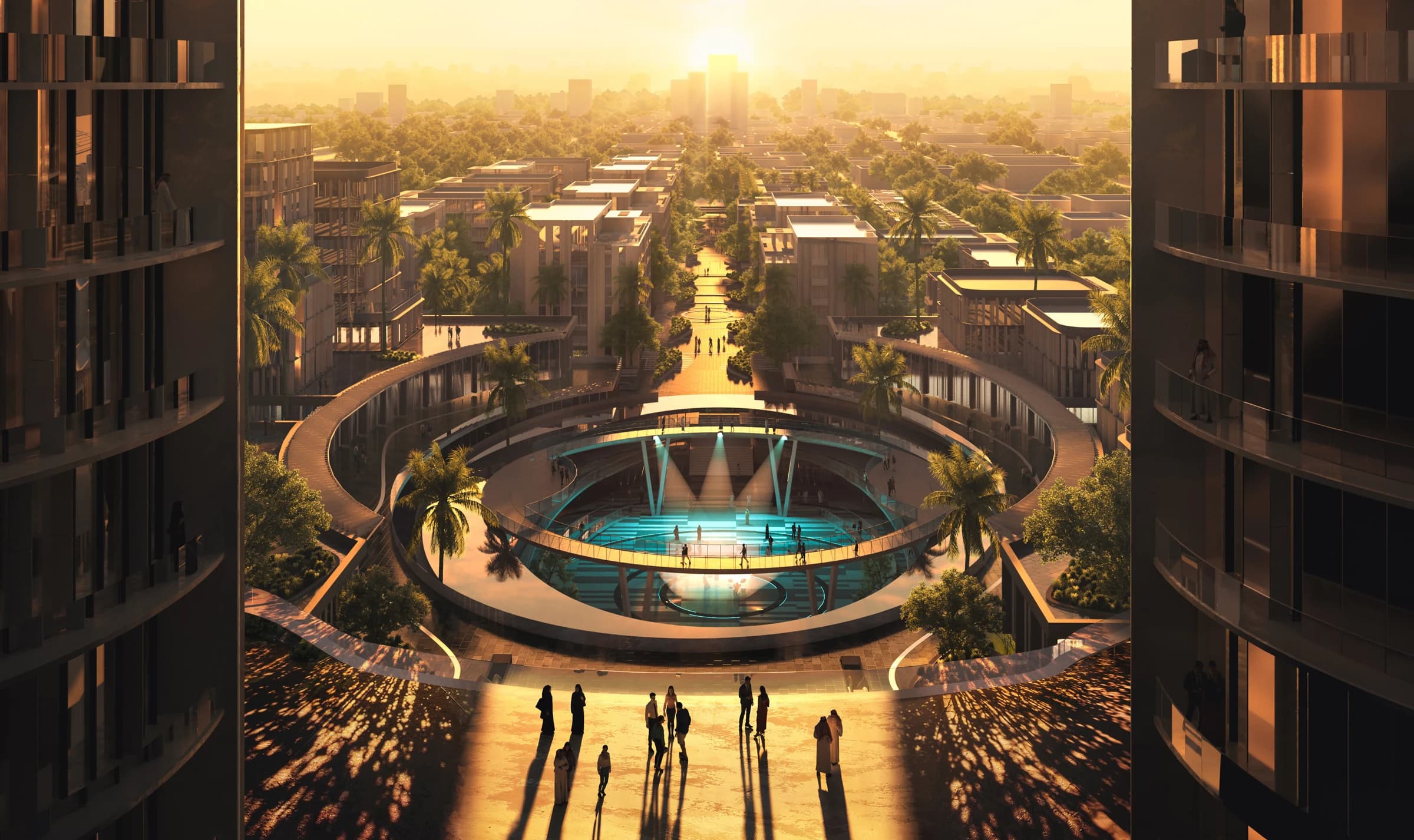 OSUS Eye central destination at sunset, architectural render from the supplied brochure