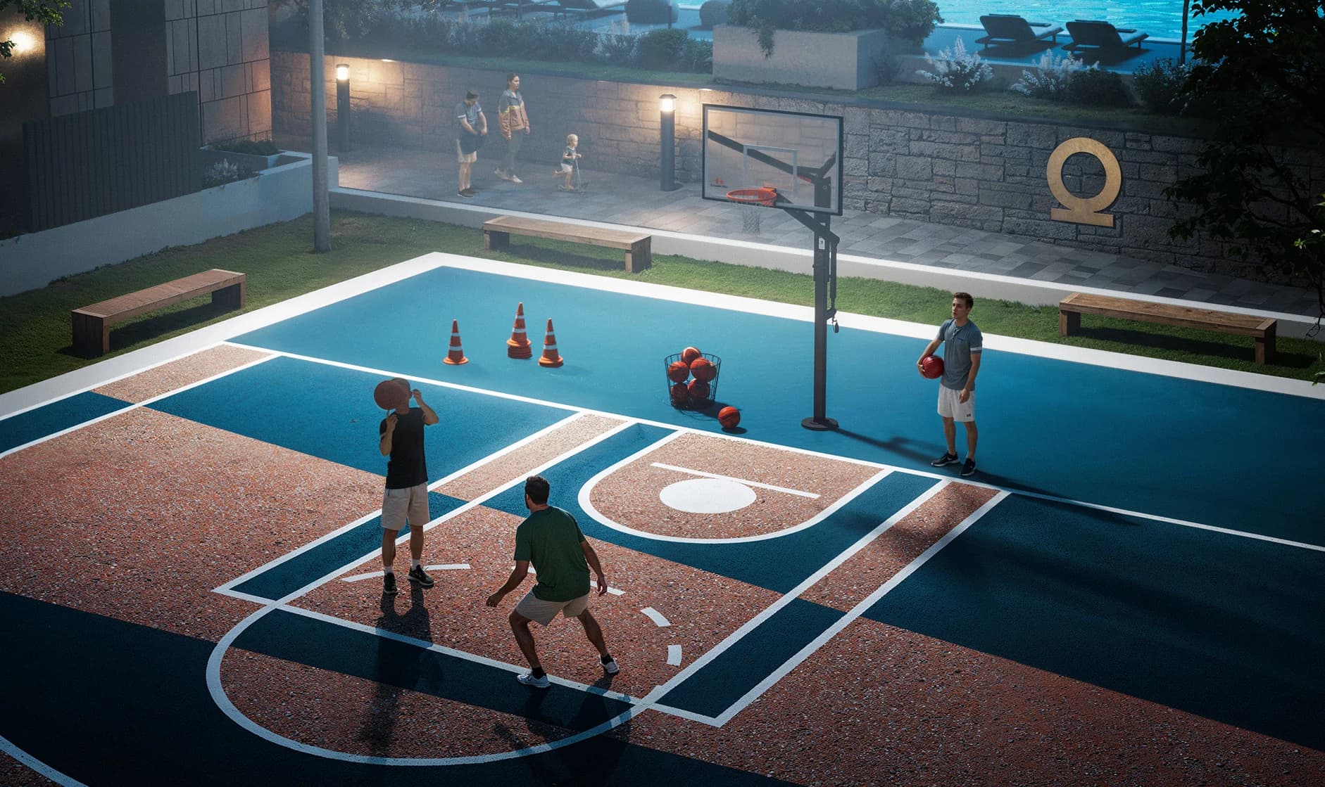 OSUS Eye outdoor basketball court, architectural render from the supplied brochure