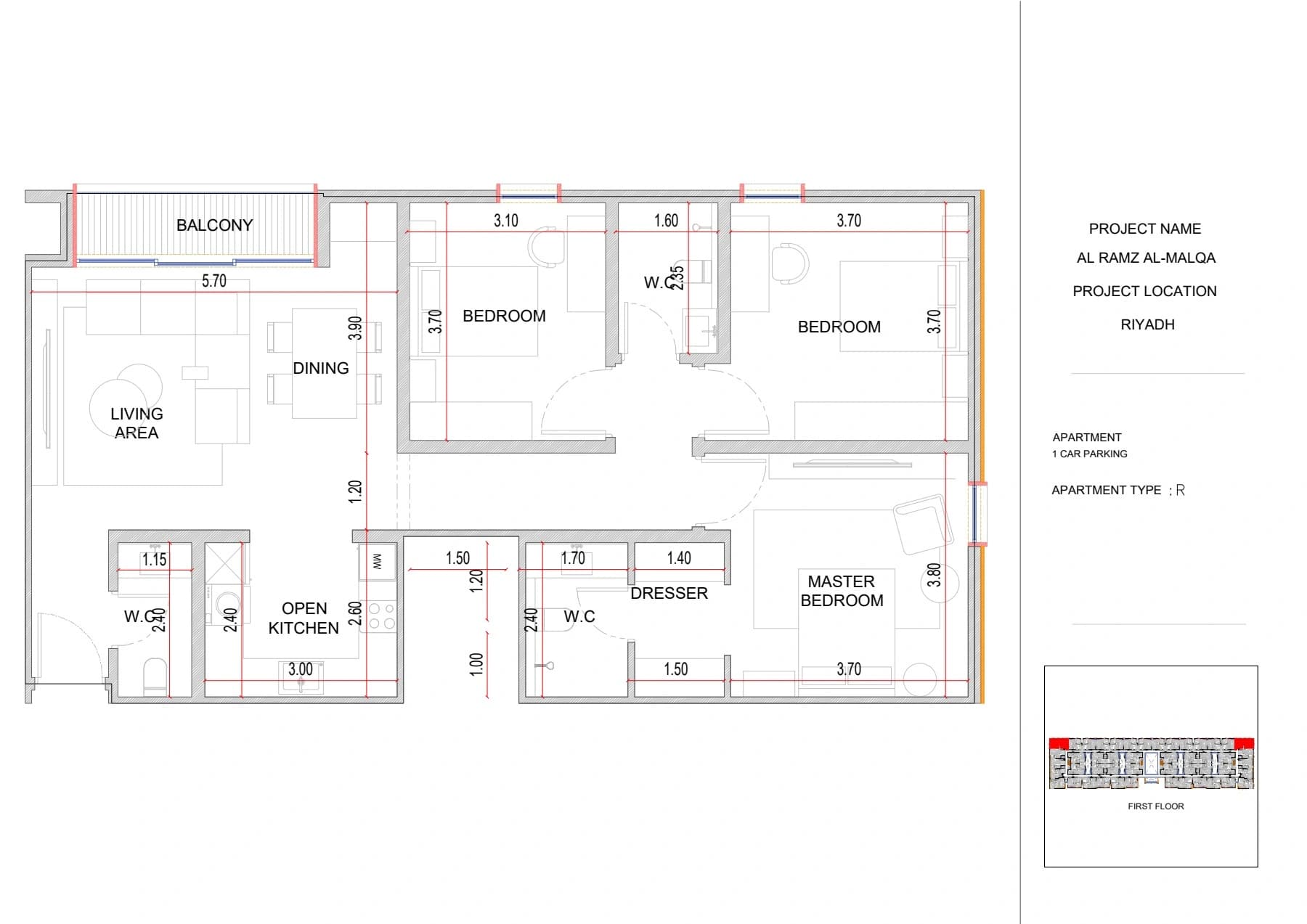 3 bedrooms · Type R floor plan