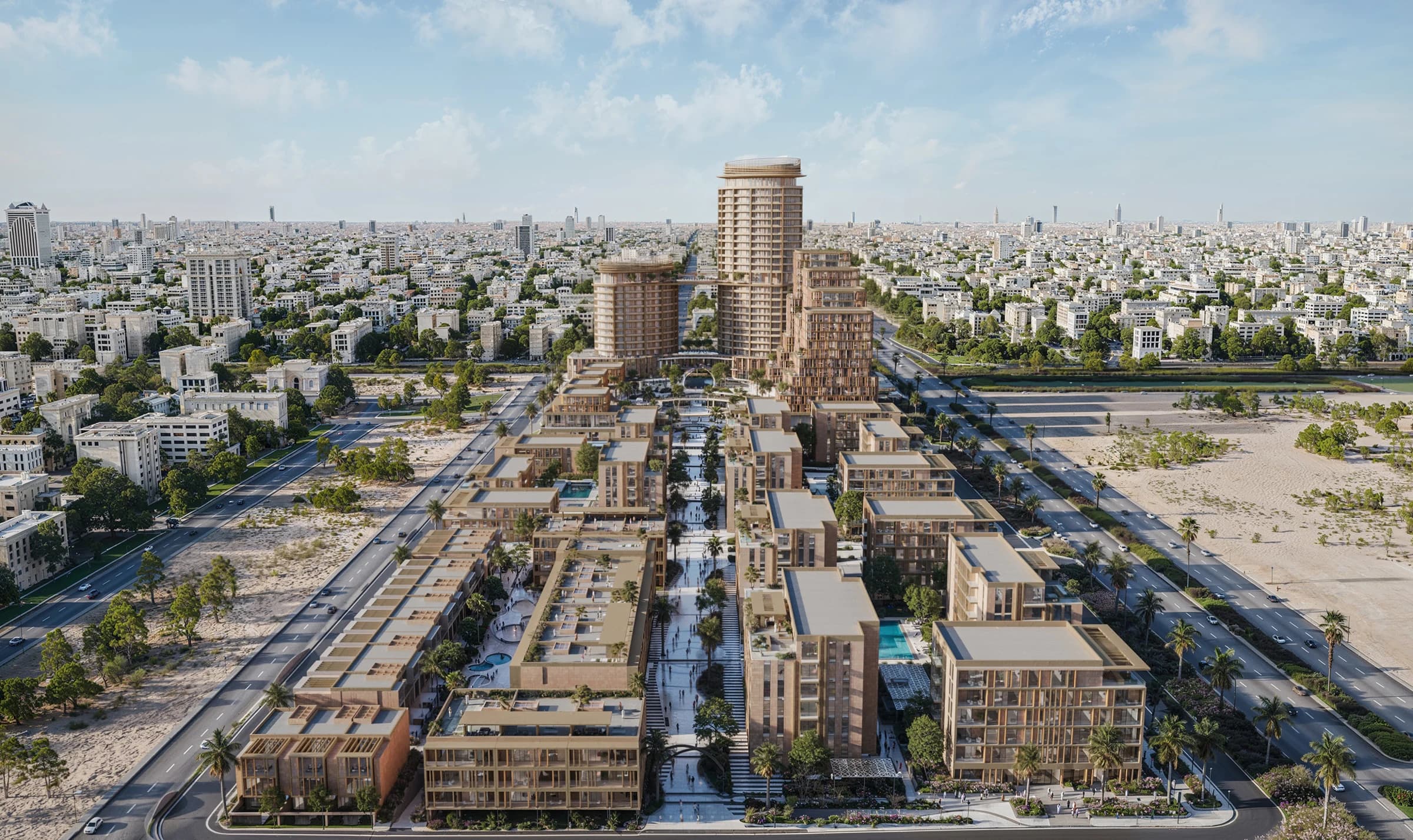 OSUS Eye masterplan aerial view in Al Nada, architectural render from the supplied brochure
