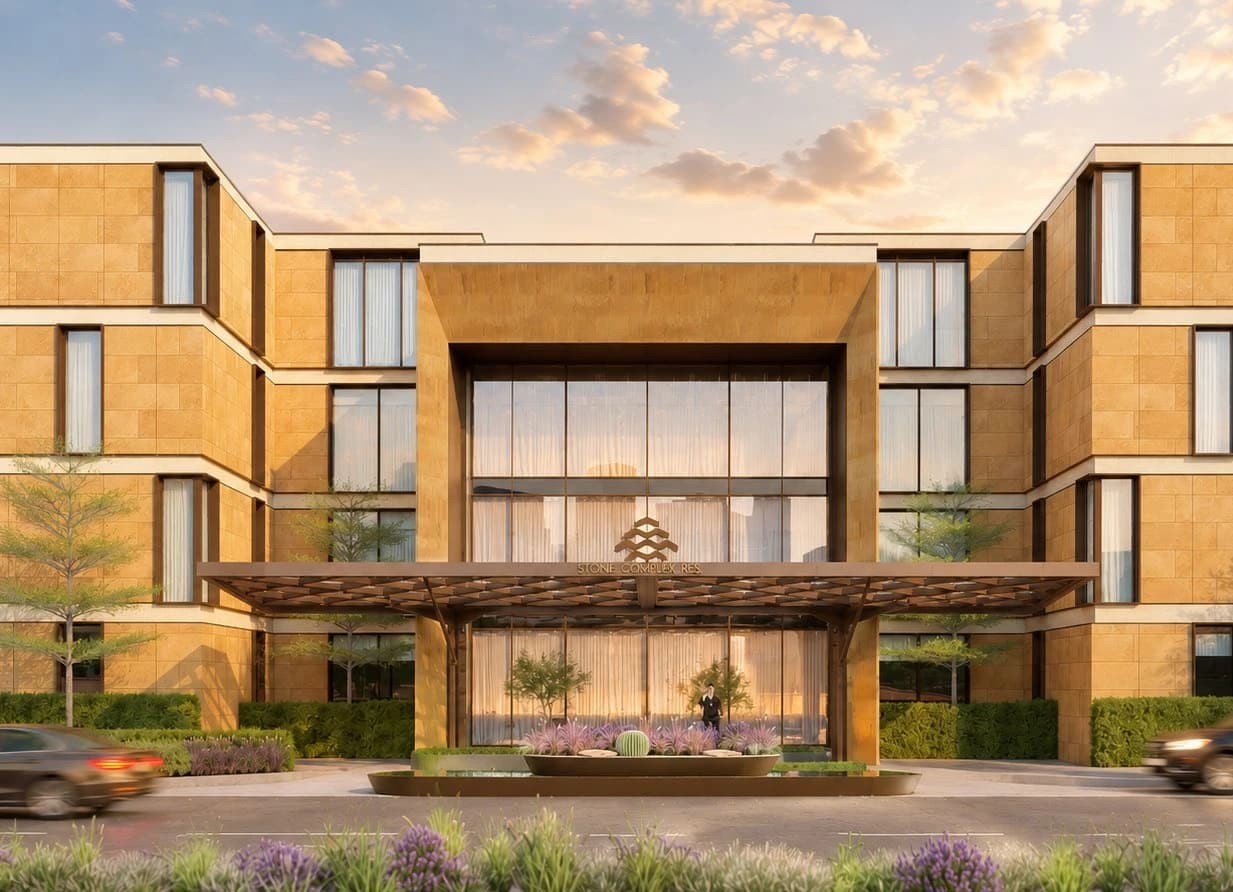 Stone Al Malqa entrance and facade, architectural render supplied by Alramz